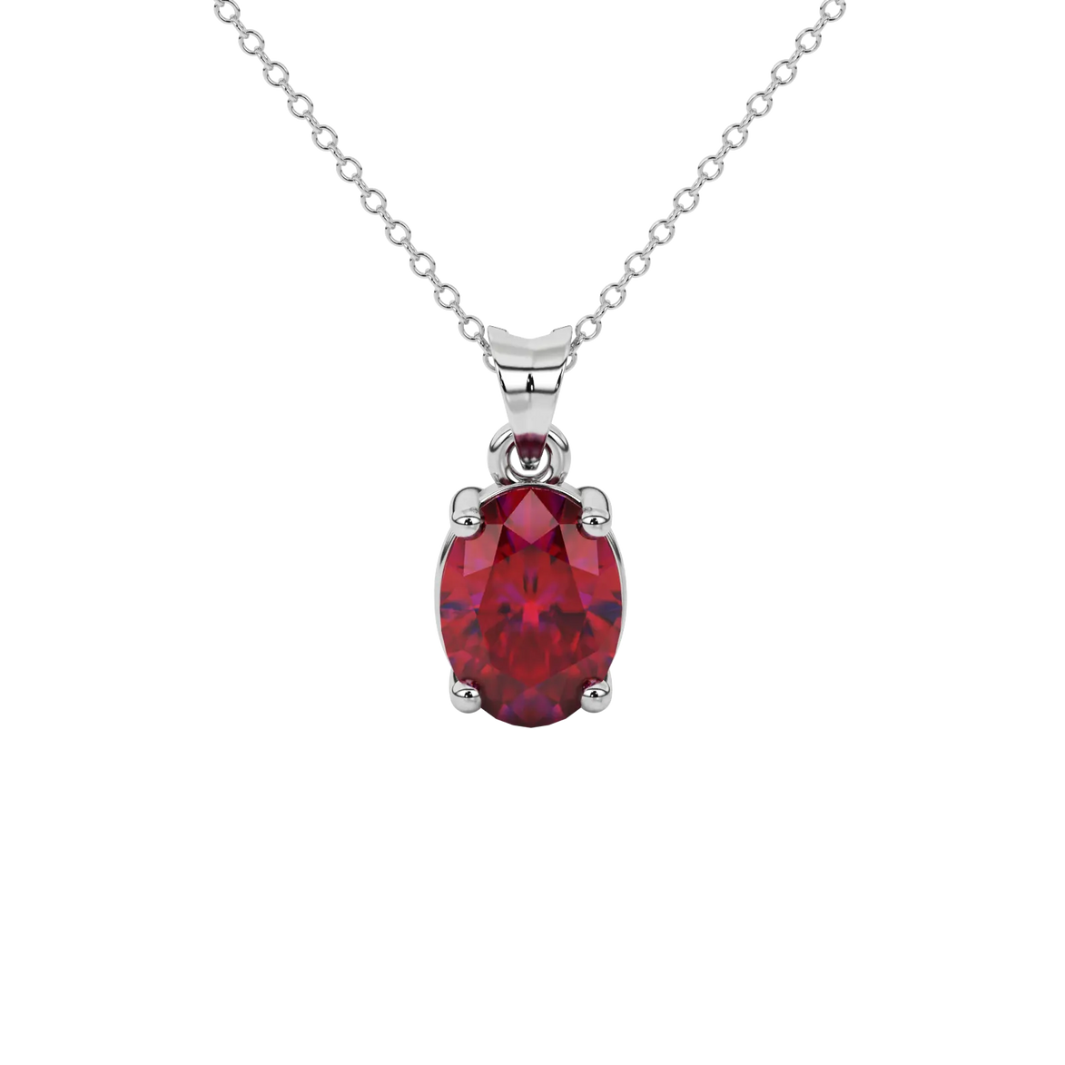 Oval cut raspberry red gemstone pendant, white gold classic basket setting.