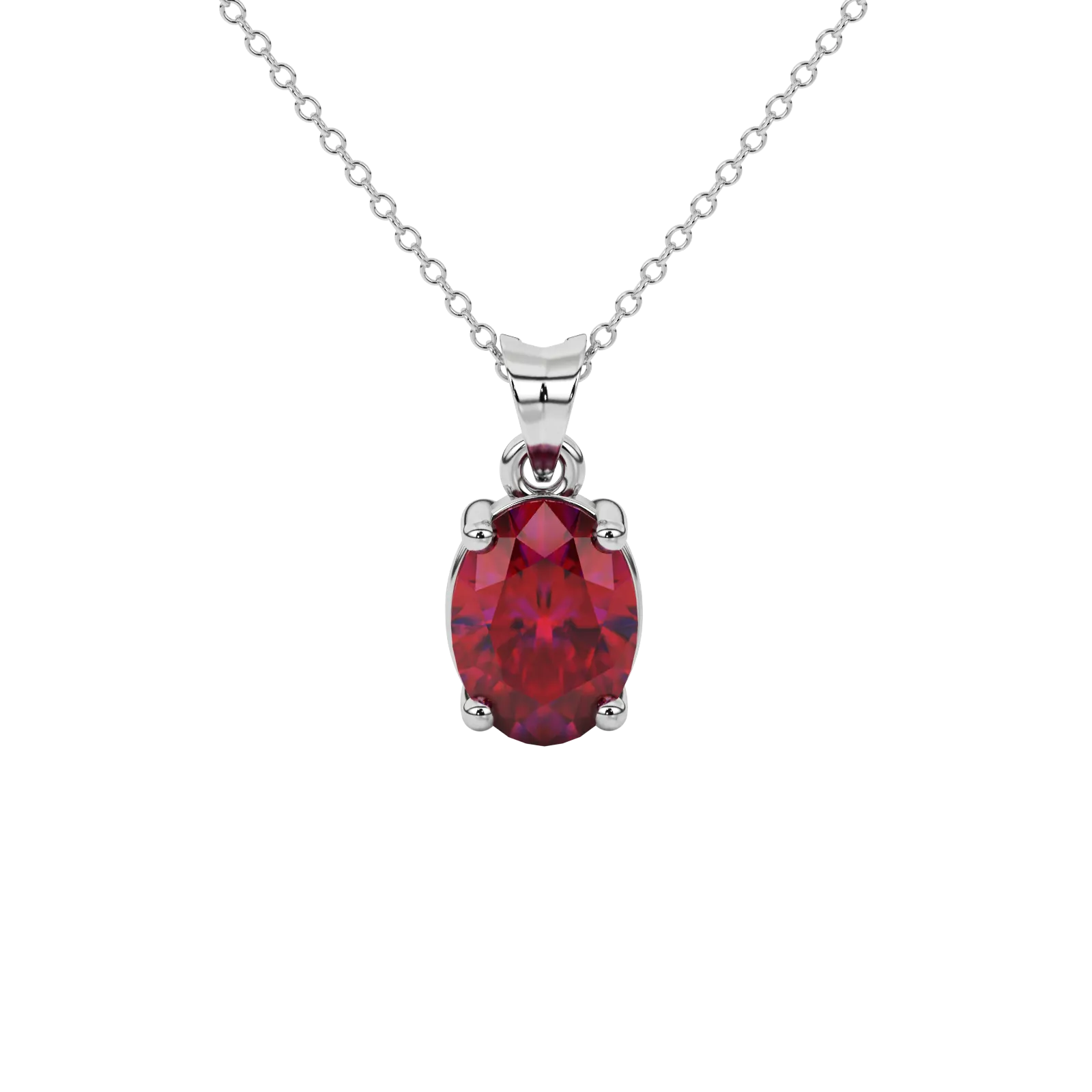 Oval cut raspberry red gemstone pendant, white gold classic basket setting.