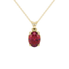 Oval cut raspberry red gemstone pendant, yellow gold classic basket setting.