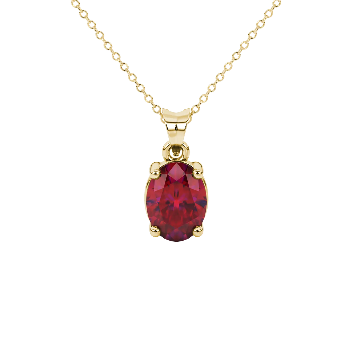 Oval cut raspberry red gemstone pendant, yellow gold classic basket setting.