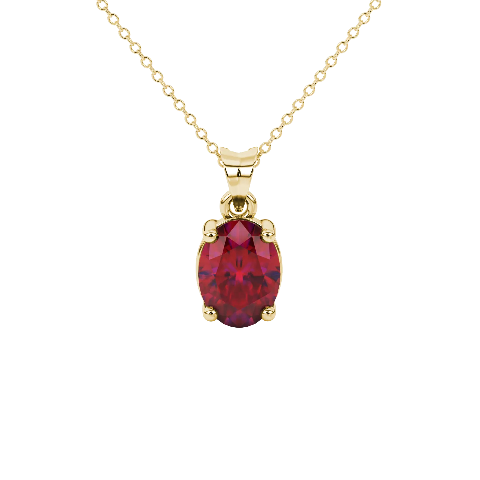 Oval cut raspberry red gemstone pendant, yellow gold classic basket setting.