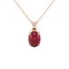 Oval cut raspberry red gemstone pendant, rose gold classic basket setting.