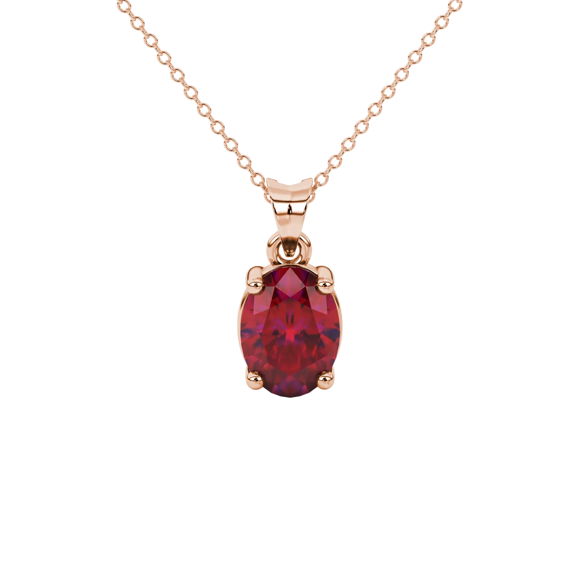 Oval cut raspberry red gemstone pendant, rose gold classic basket setting.