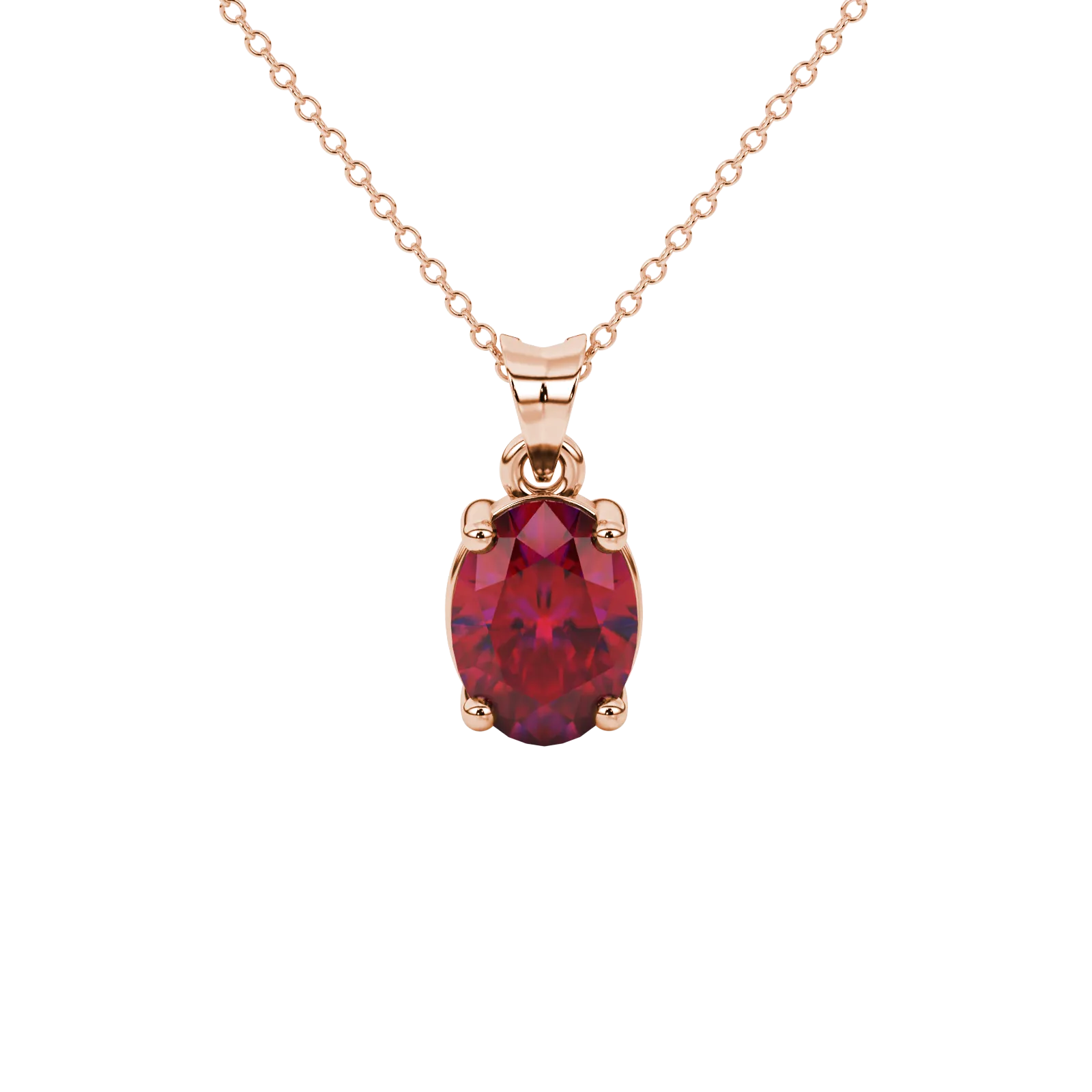 Oval cut raspberry red gemstone pendant, rose gold classic basket setting.