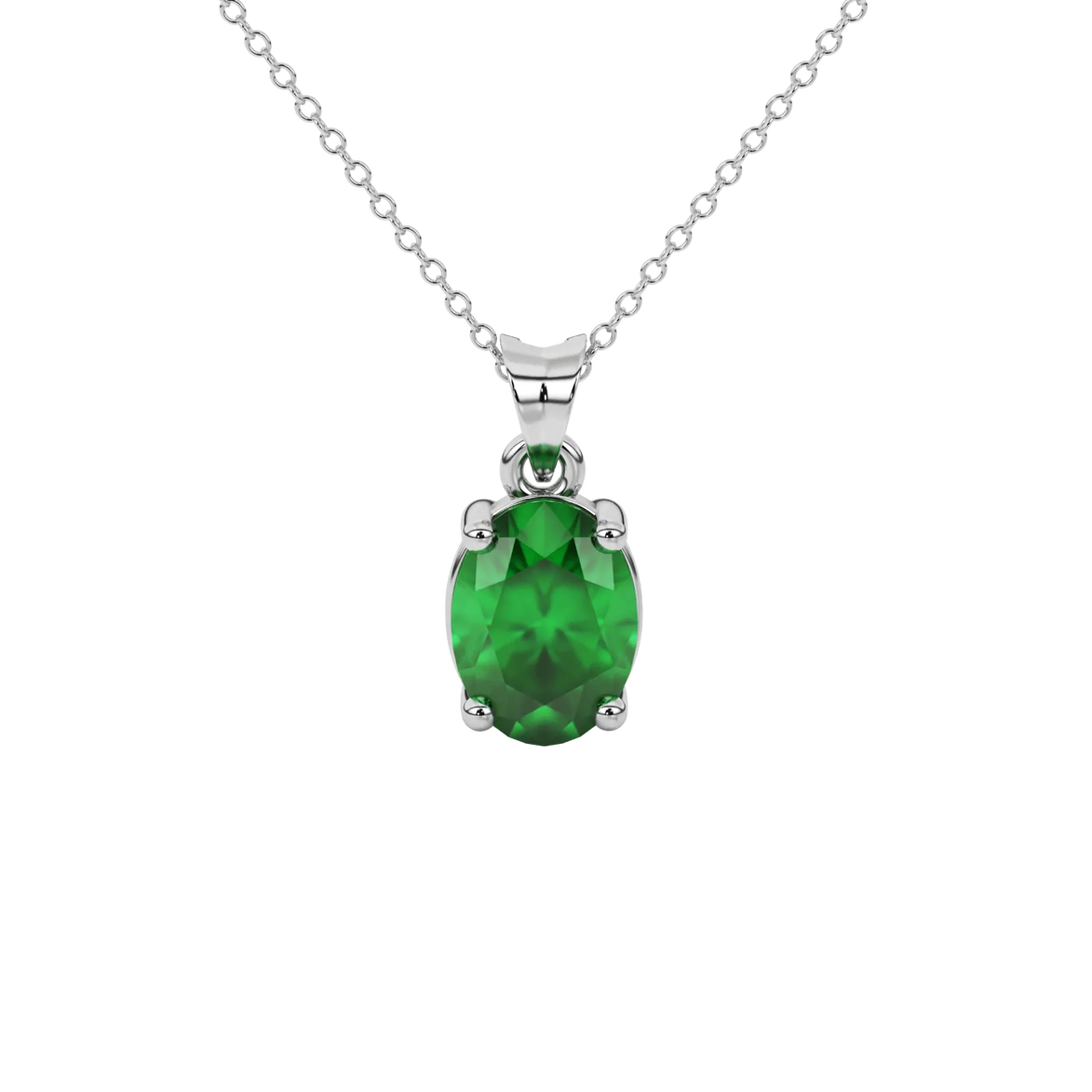 Oval cut emerald green gemstone pendant, white gold classic basket setting.