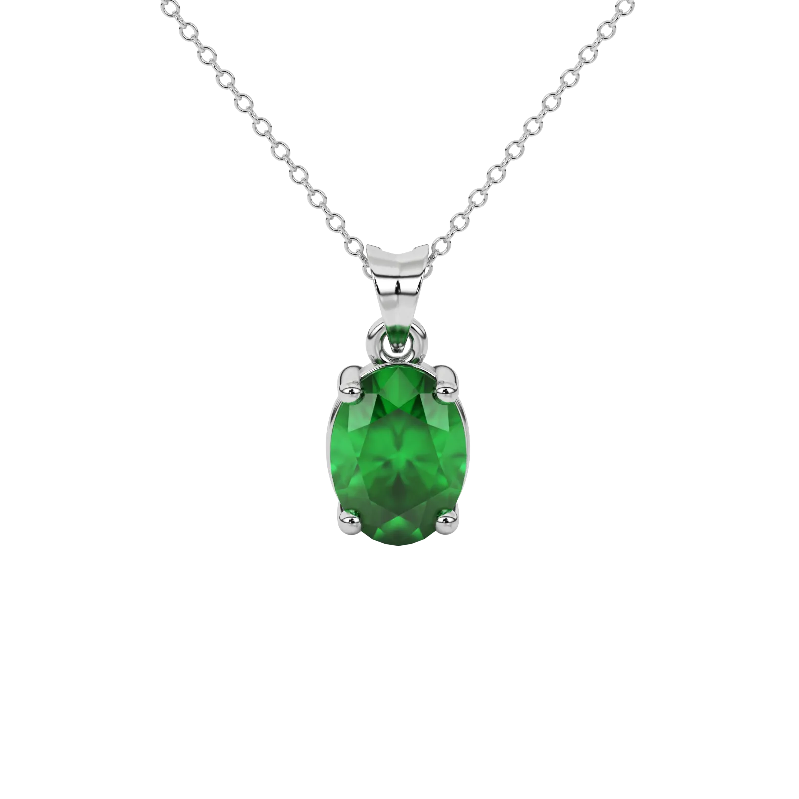 Oval cut emerald green gemstone pendant, white gold classic basket setting.
