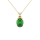 Oval cut emerald green gemstone pendant, yellow gold classic basket setting.