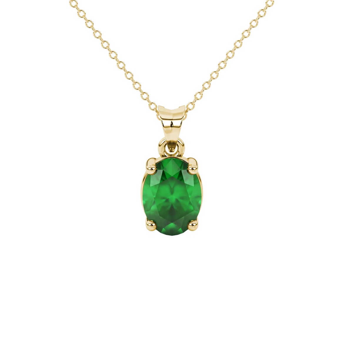 Oval cut emerald green gemstone pendant, yellow gold classic basket setting.