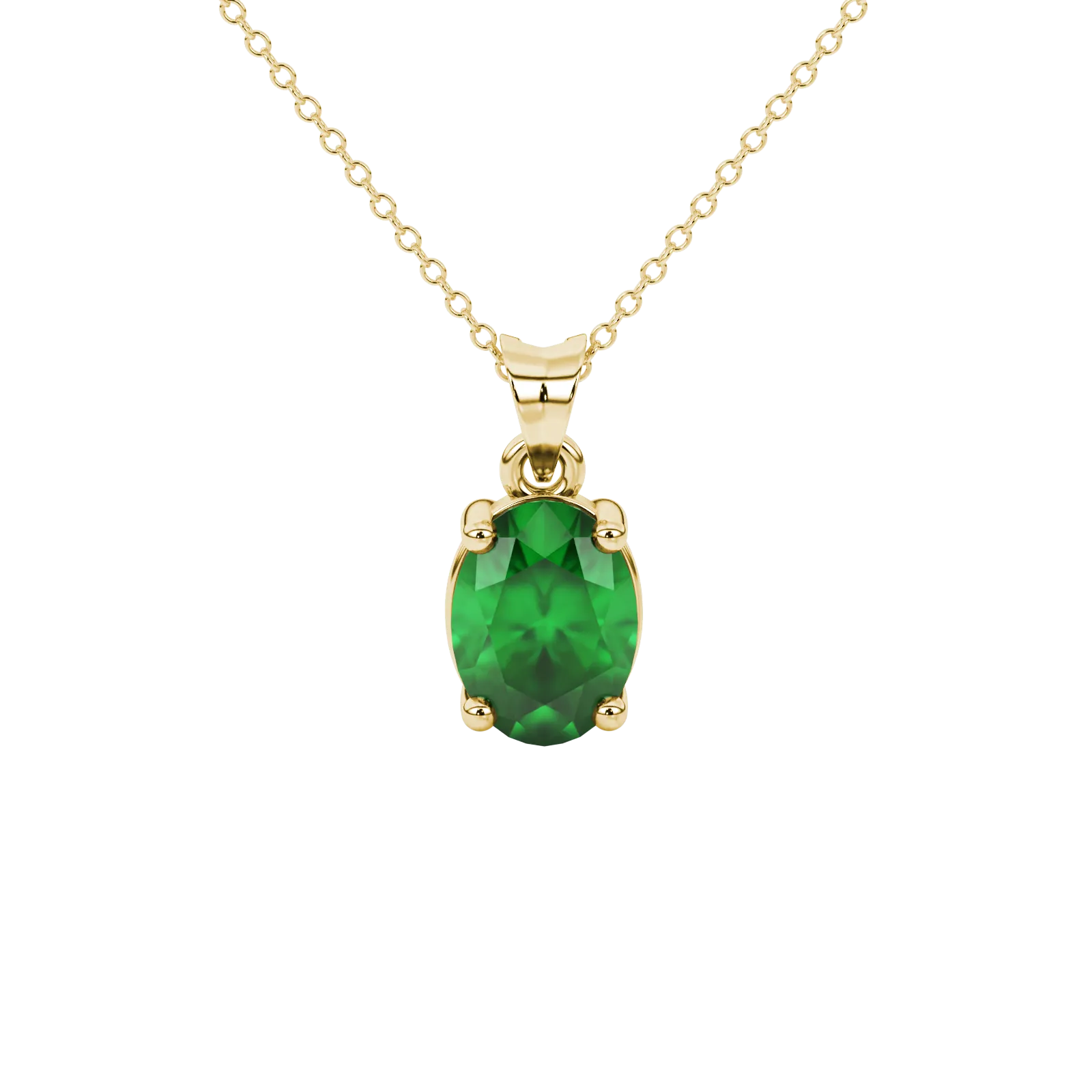 Oval cut emerald green gemstone pendant, yellow gold classic basket setting.