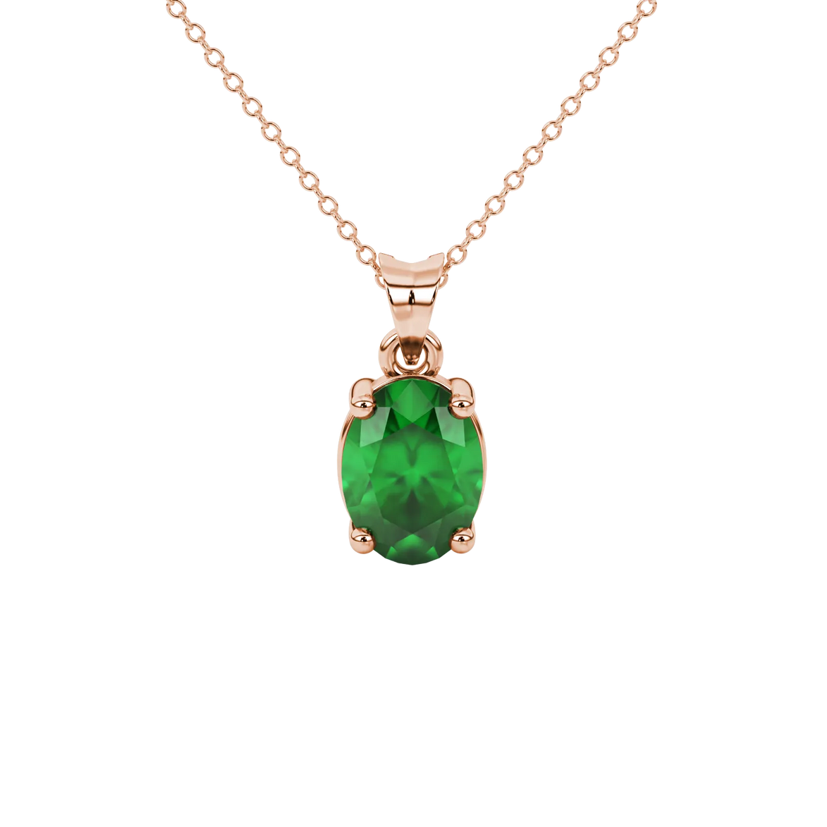 Oval cut emerald green gemstone pendant, rose gold classic basket setting.