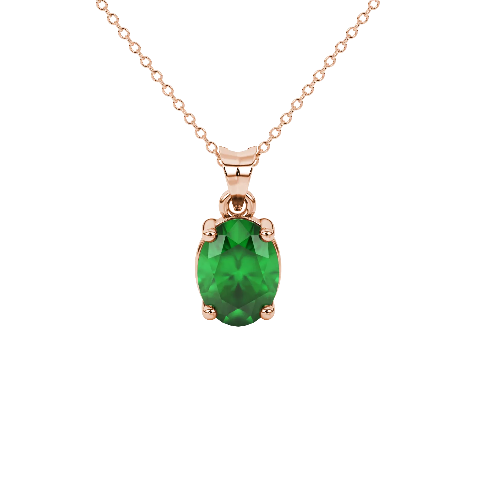 Oval cut emerald green gemstone pendant, rose gold classic basket setting.