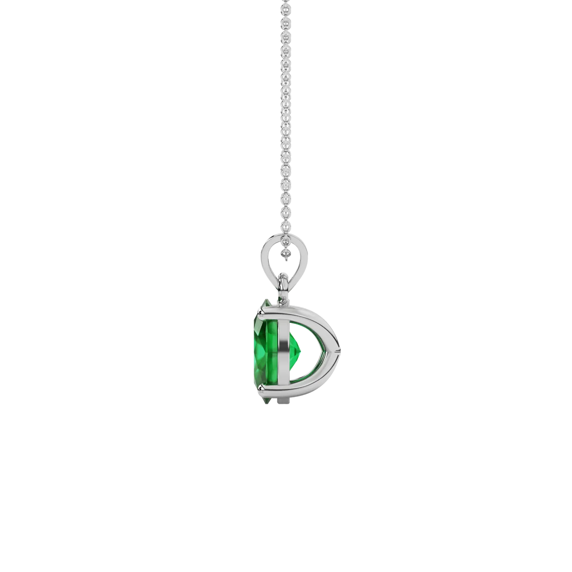 Side profile, white gold emerald green pendant, classic basket gallery.