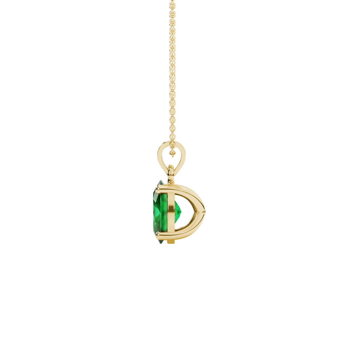 Side profile, yellow gold emerald green pendant, classic basket gallery.