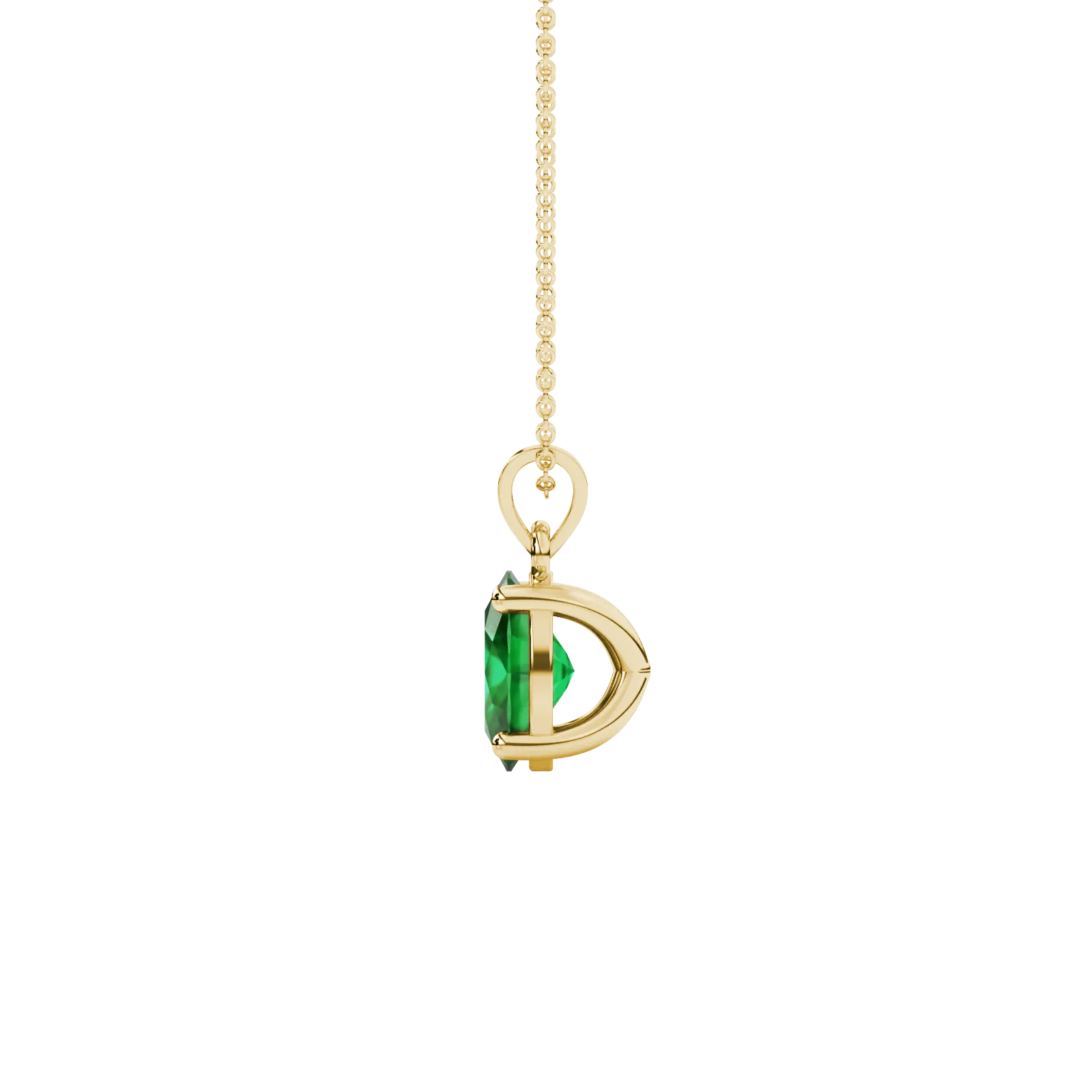 Side profile, yellow gold emerald green pendant, classic basket gallery.