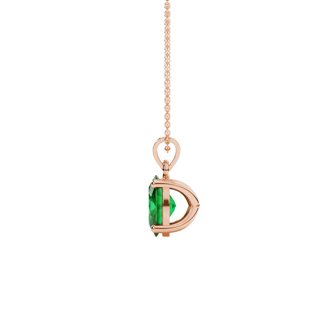 Side profile, rose gold emerald green pendant, classic basket gallery.