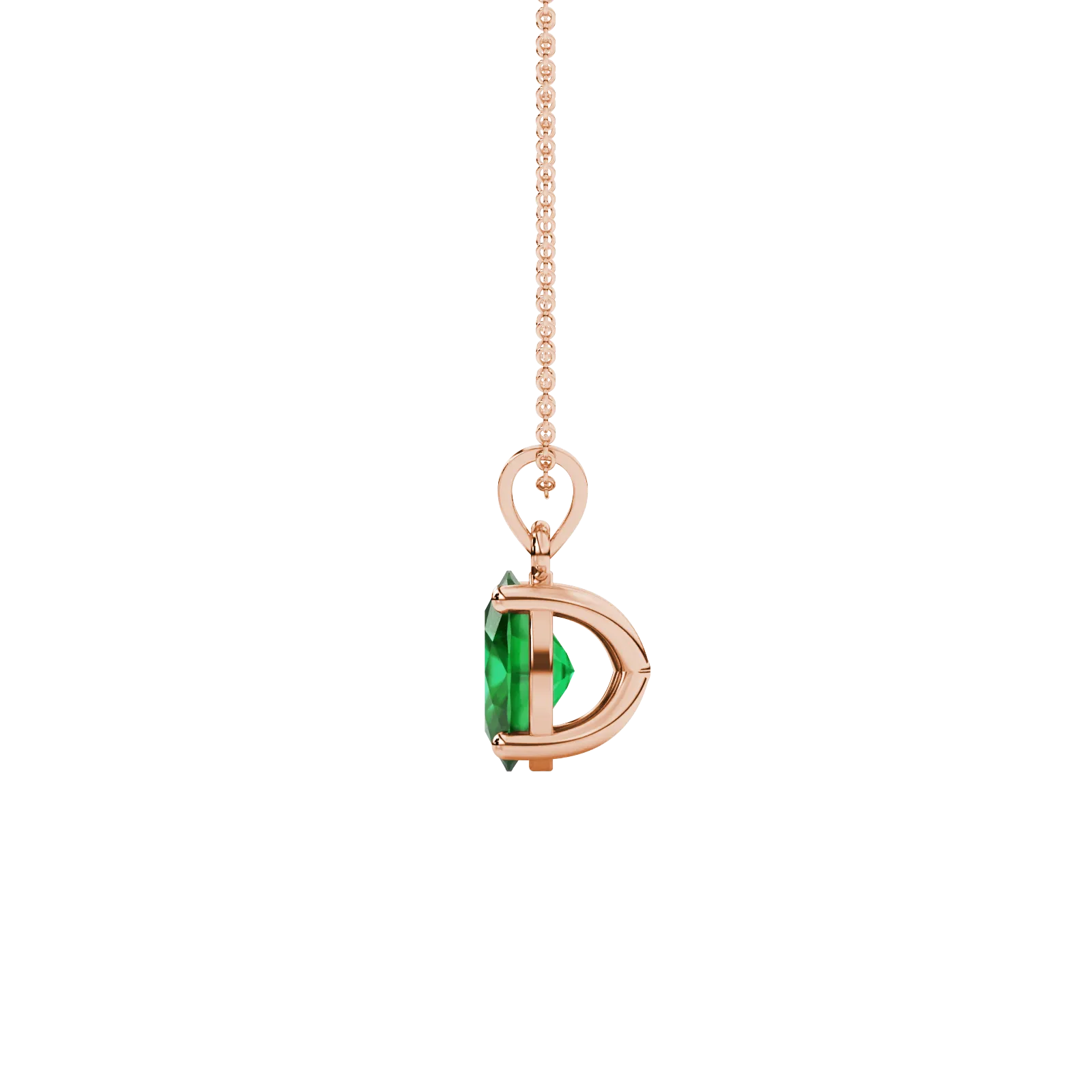 Side profile, rose gold emerald green pendant, classic basket gallery.