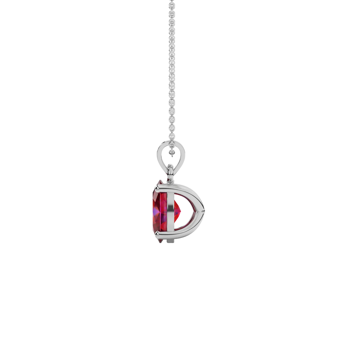 Side profile, white gold raspberry red pendant, classic basket gallery.