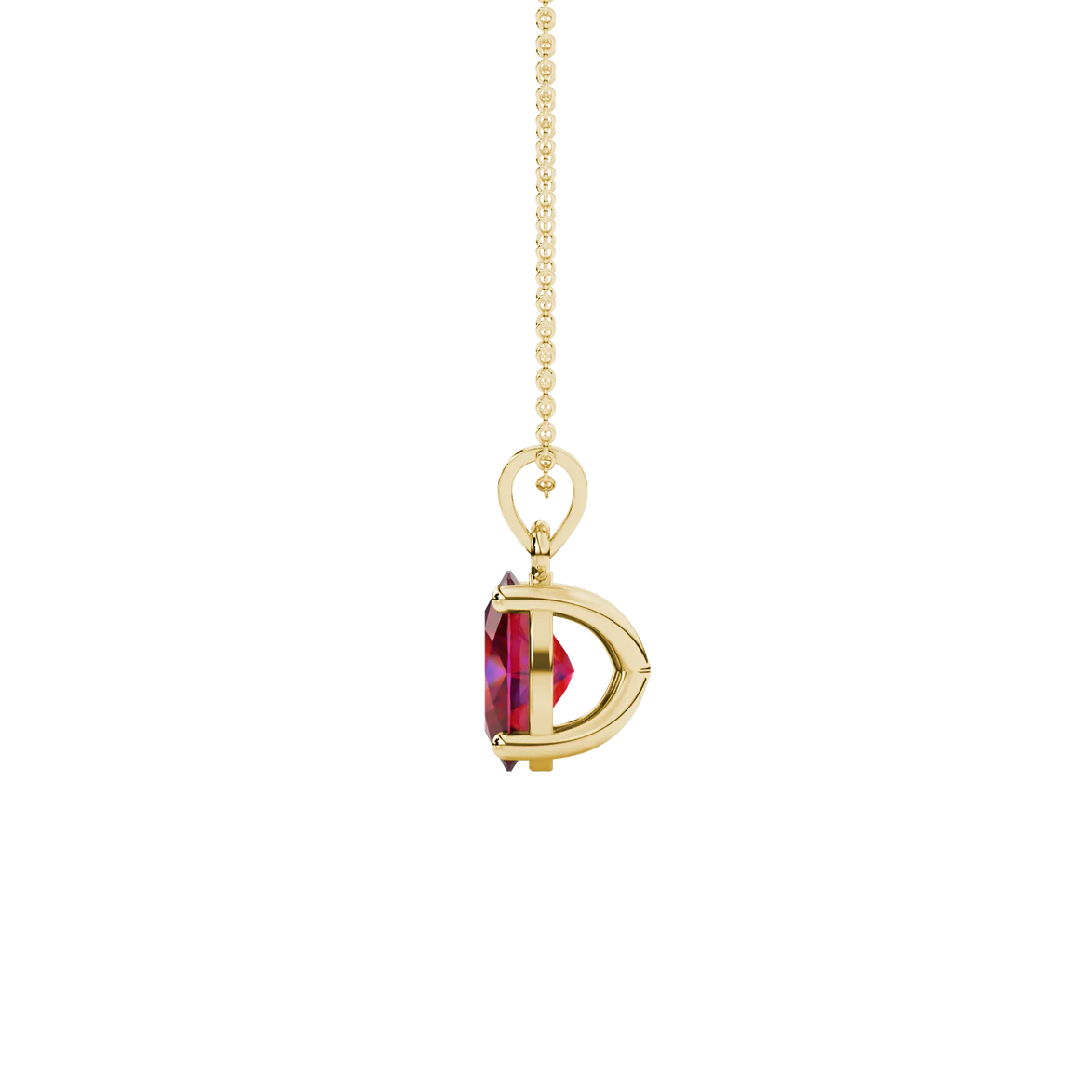Side profile, yellow gold raspberry red pendant, classic basket gallery.