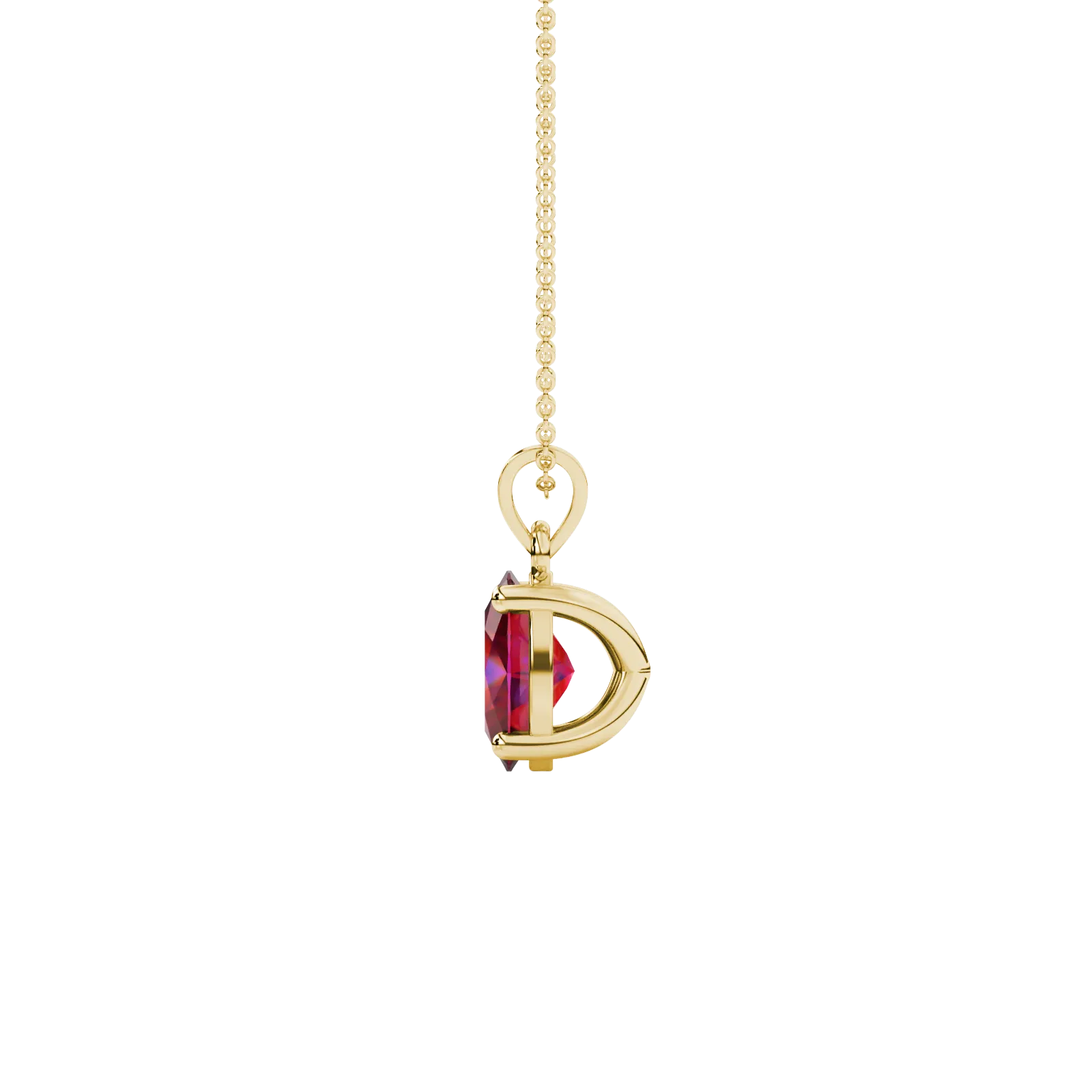 Side profile, yellow gold raspberry red pendant, classic basket gallery.