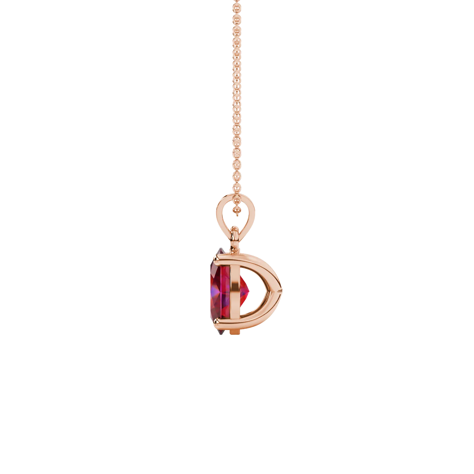 Side profile, rose gold raspberry red pendant, classic basket gallery.