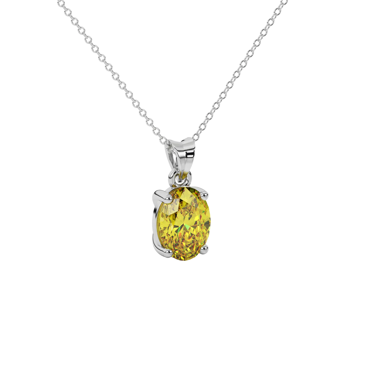 Close-up oval cut canary yellow gemstone pendant, white gold classic basket.