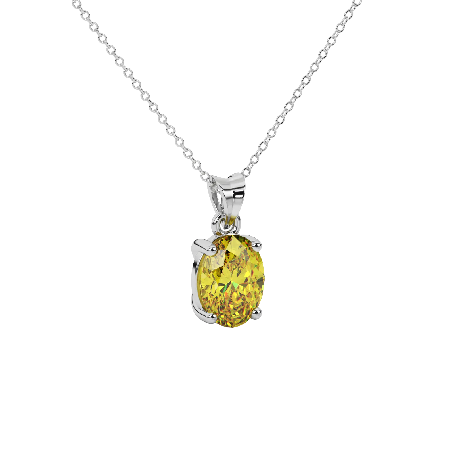 Close-up oval cut canary yellow gemstone pendant, white gold classic basket.