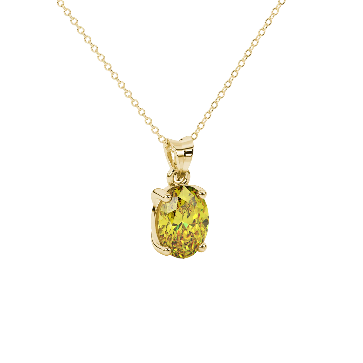 Close-up, oval cut canary yellow gemstone, yellow gold classic basket pendant.