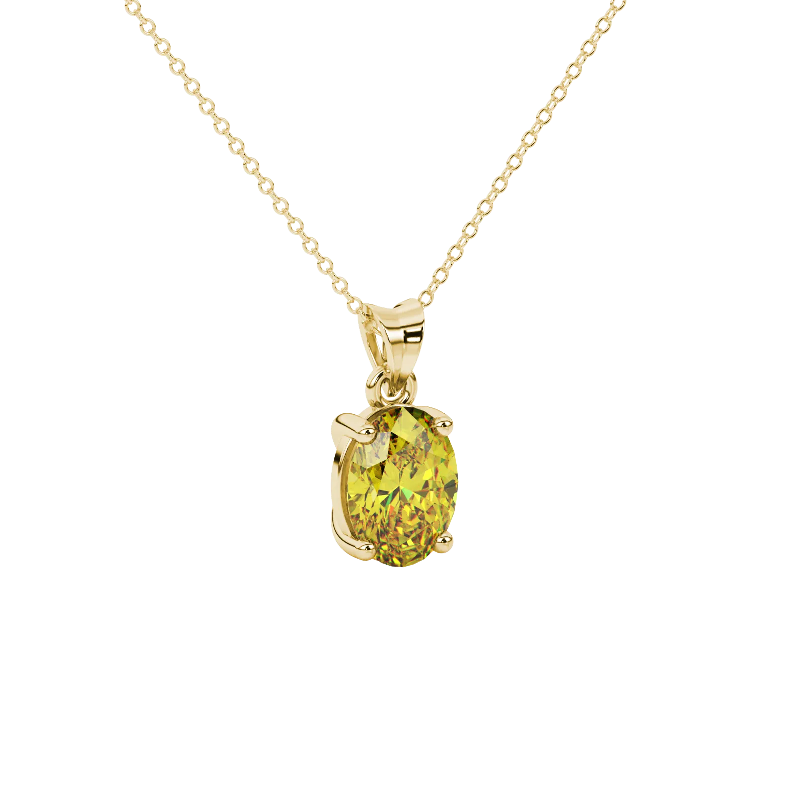Close-up, oval cut canary yellow gemstone, yellow gold classic basket pendant.