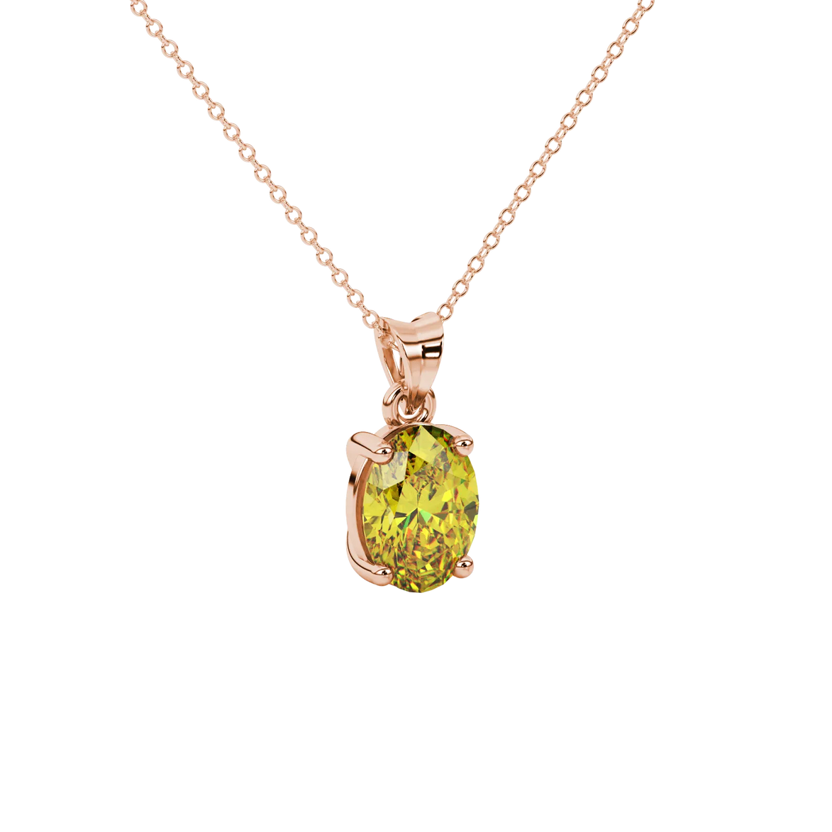 Close-up, oval cut canary yellow gemstone pendant, rose gold classic basket.