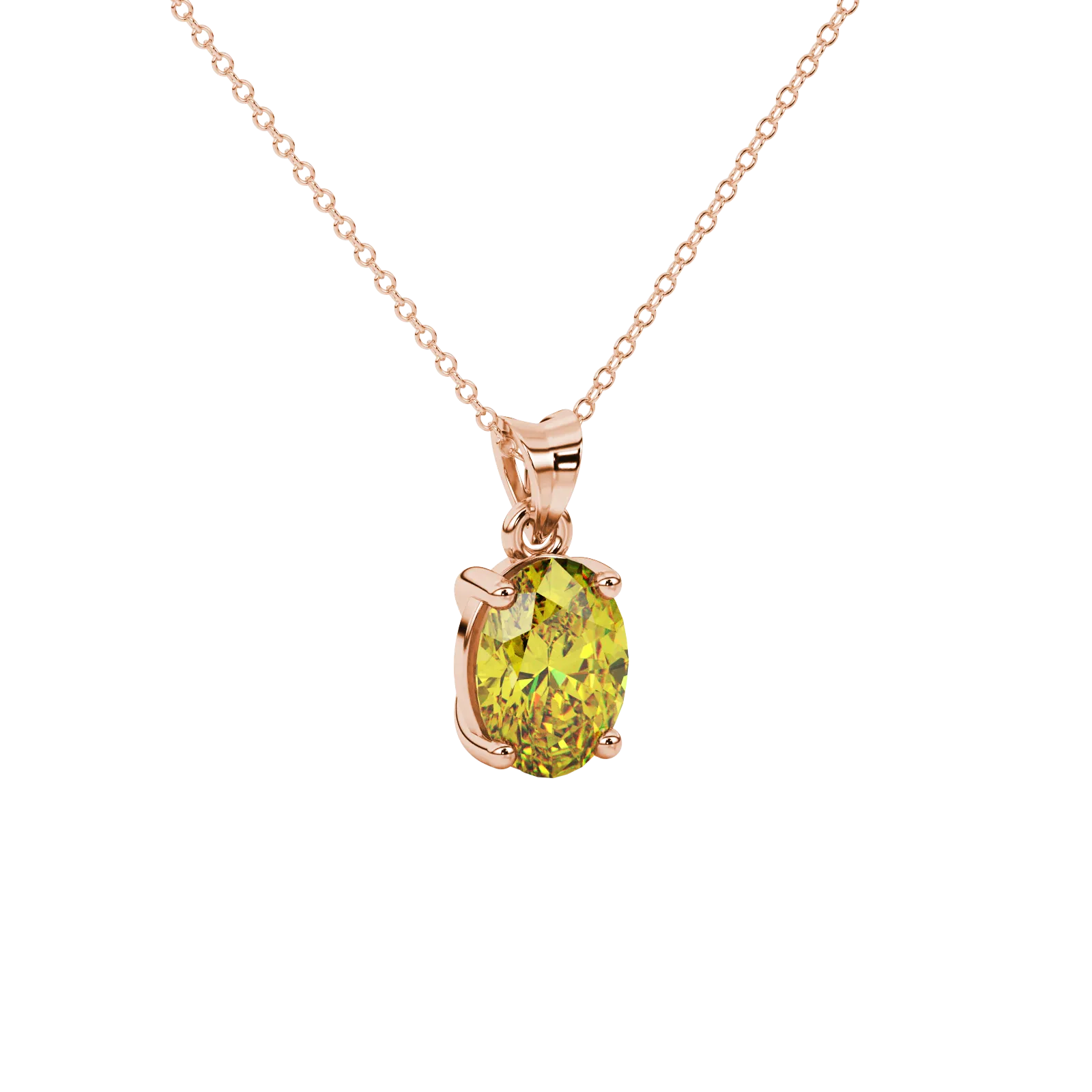 Close-up, oval cut canary yellow gemstone pendant, rose gold classic basket.