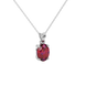Close-up oval cut raspberry red gemstone pendant, white gold classic basket.