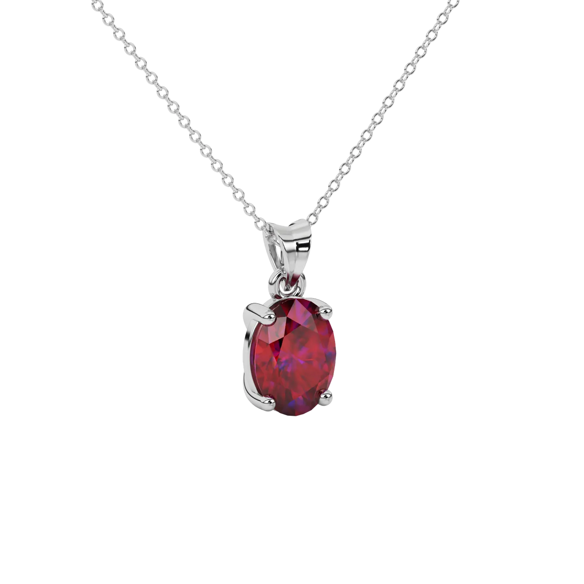 Close-up oval cut raspberry red gemstone pendant, white gold classic basket.
