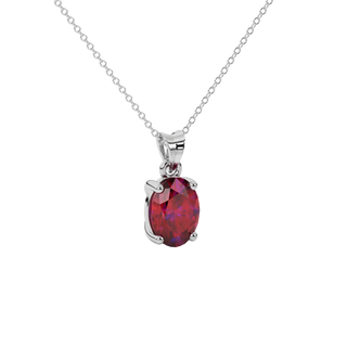 Close-up oval cut raspberry red gemstone pendant, white gold classic basket.