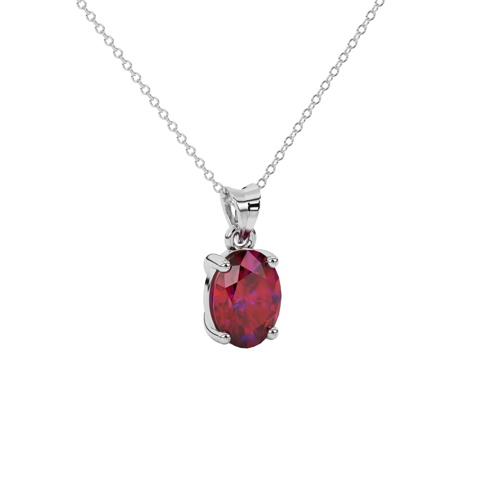 Close-up oval cut raspberry red gemstone pendant, white gold classic basket.