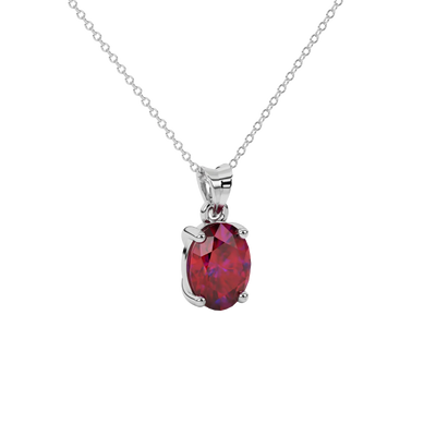 Close-up oval cut raspberry red gemstone pendant, white gold classic basket.