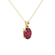 Close-up, oval cut raspberry red gemstone, yellow gold classic basket pendant.