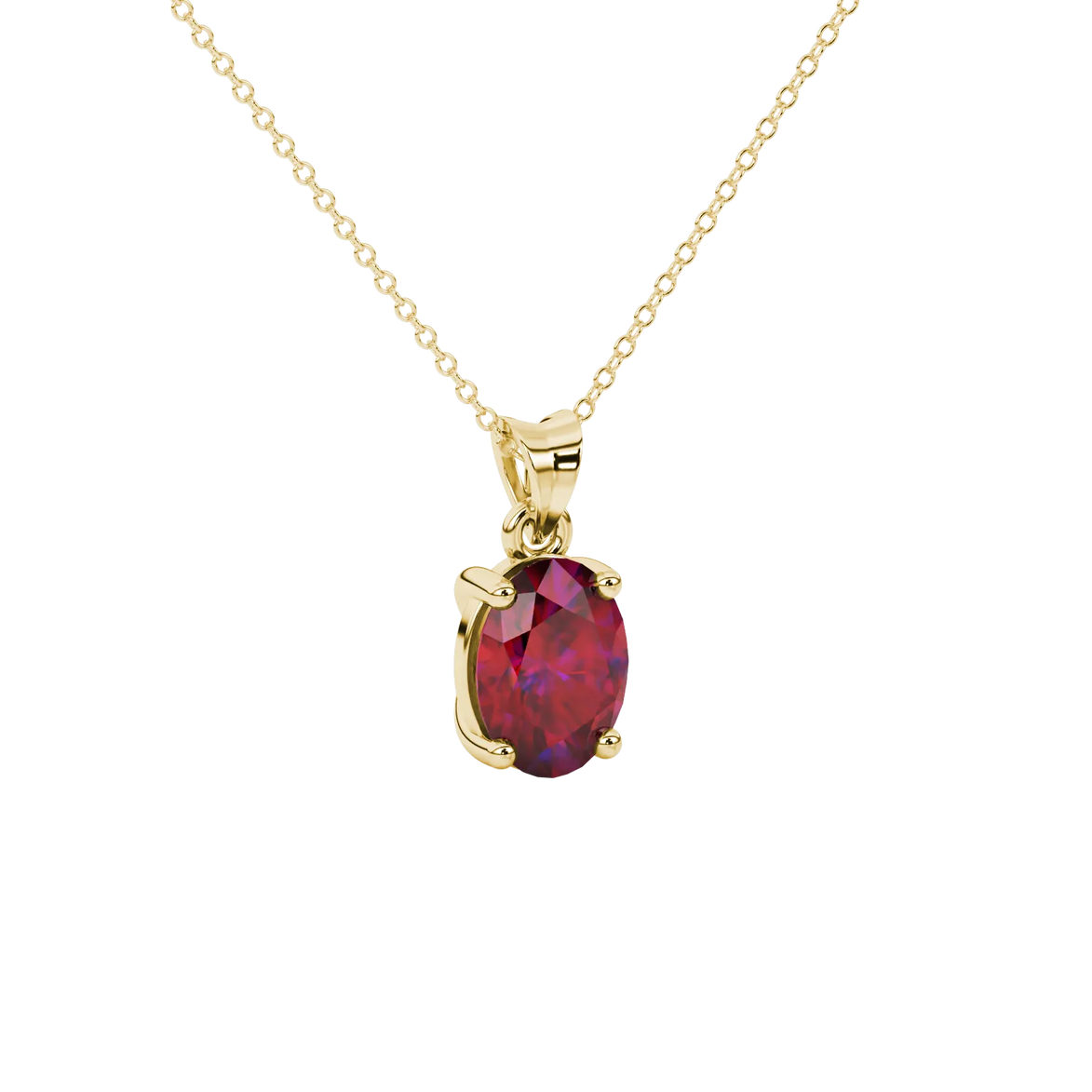 Close-up, oval cut raspberry red gemstone, yellow gold classic basket pendant.