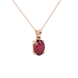 Close-up, oval cut raspberry red gemstone pendant, rose gold classic basket.