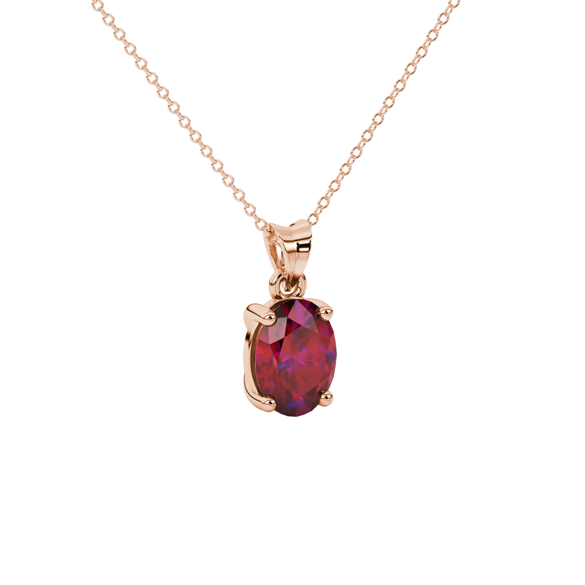 Close-up, oval cut raspberry red gemstone pendant, rose gold classic basket.