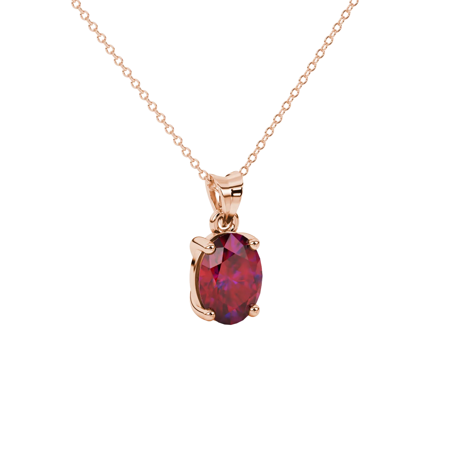 Close-up, oval cut raspberry red gemstone pendant, rose gold classic basket.