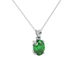 Close-up oval cut emerald green gemstone pendannt, white gold classic basket.