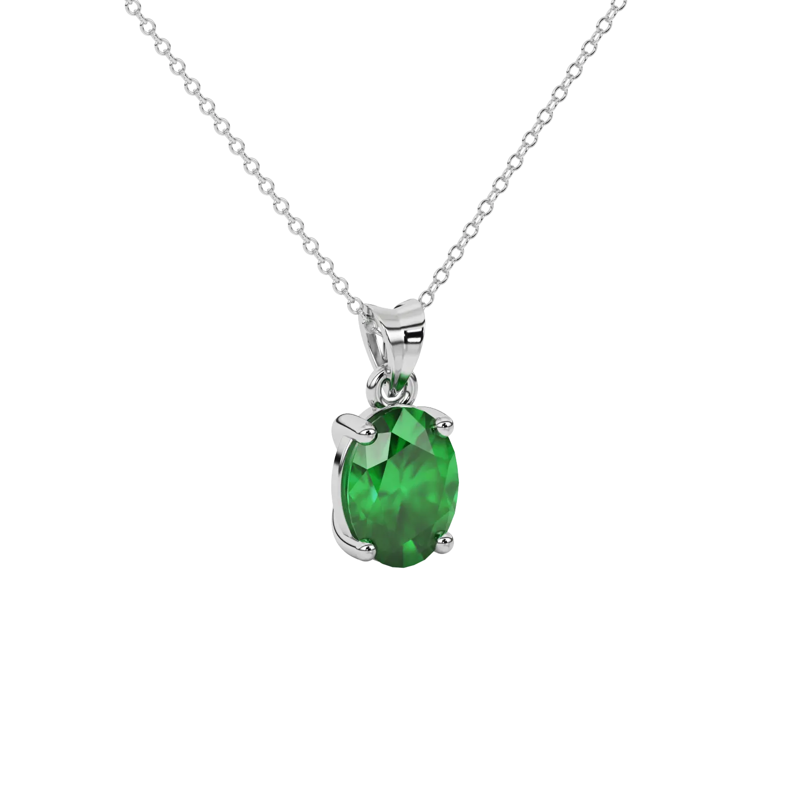 Close-up oval cut emerald green gemstone pendannt, white gold classic basket.