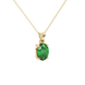 Close-up, oval cut emerald green gemstone, yellow gold classic basket pendant.
