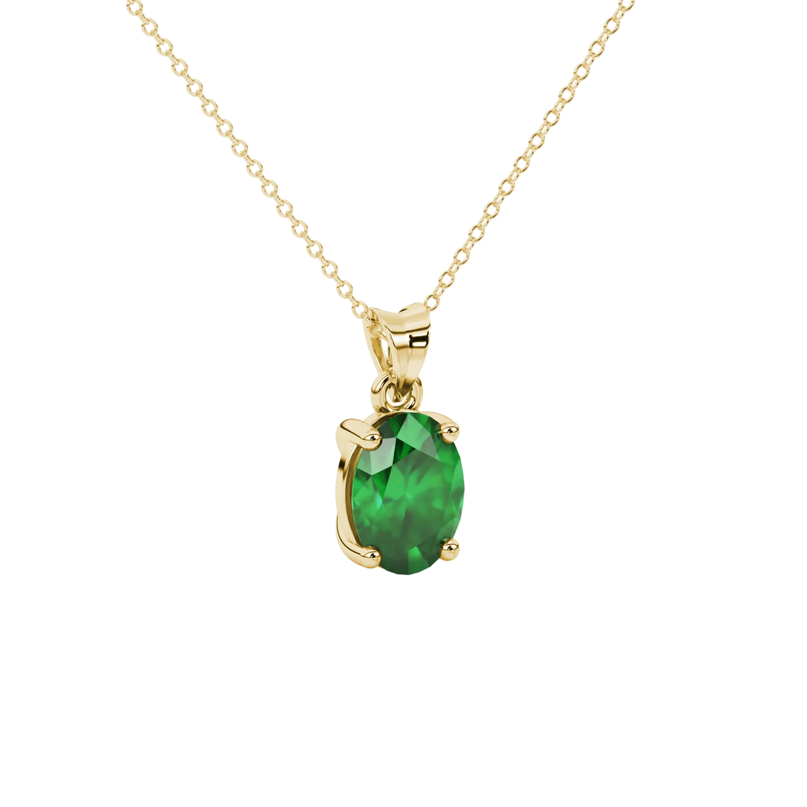 Close-up, oval cut emerald green gemstone, yellow gold classic basket pendant.