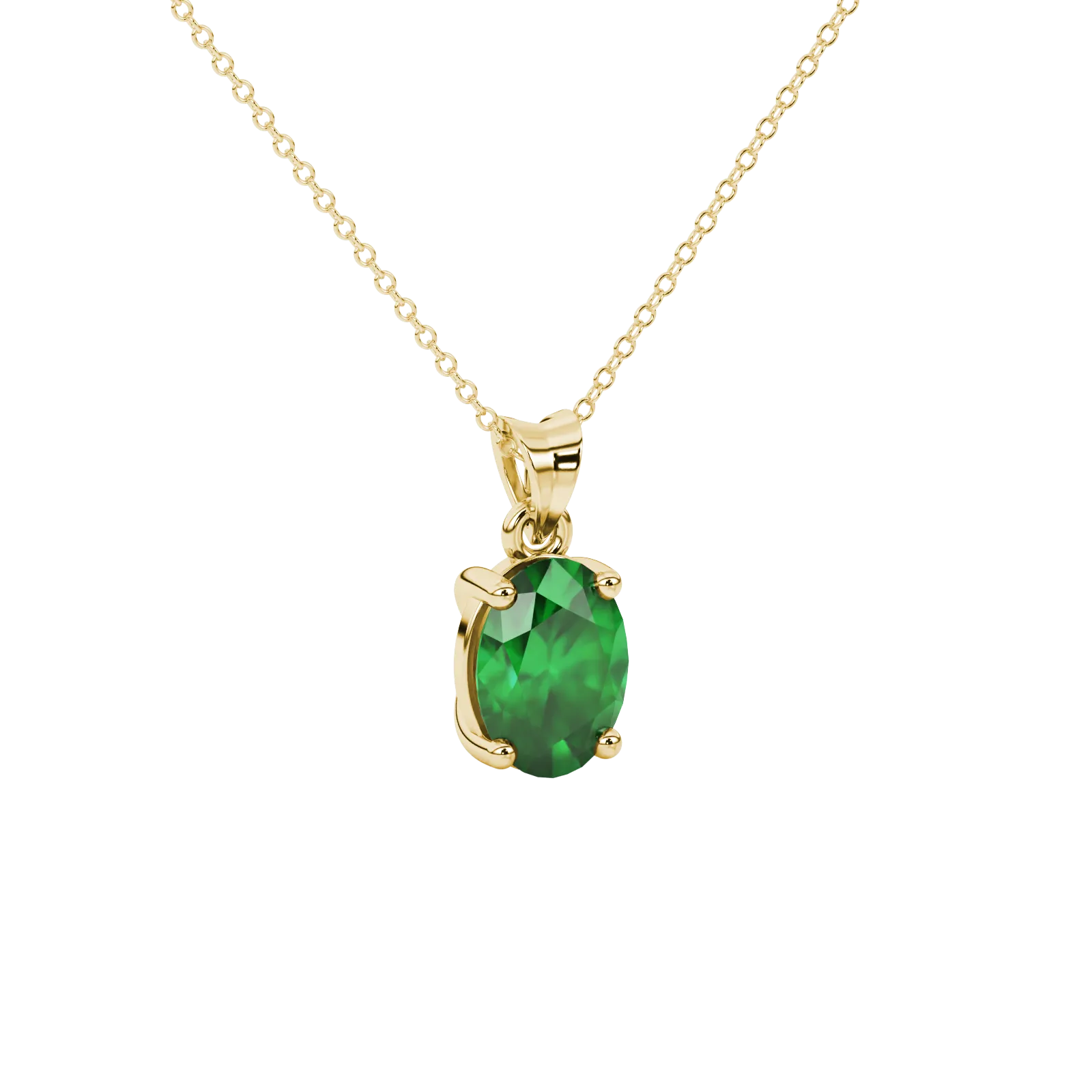 Close-up, oval cut emerald green gemstone, yellow gold classic basket pendant.