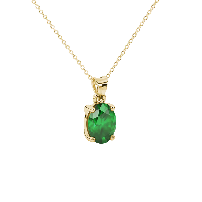 Close-up, oval cut emerald green gemstone, yellow gold classic basket pendant.