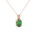 Close-up, oval cut emerald green gemstone pendant, rose gold classic basket.