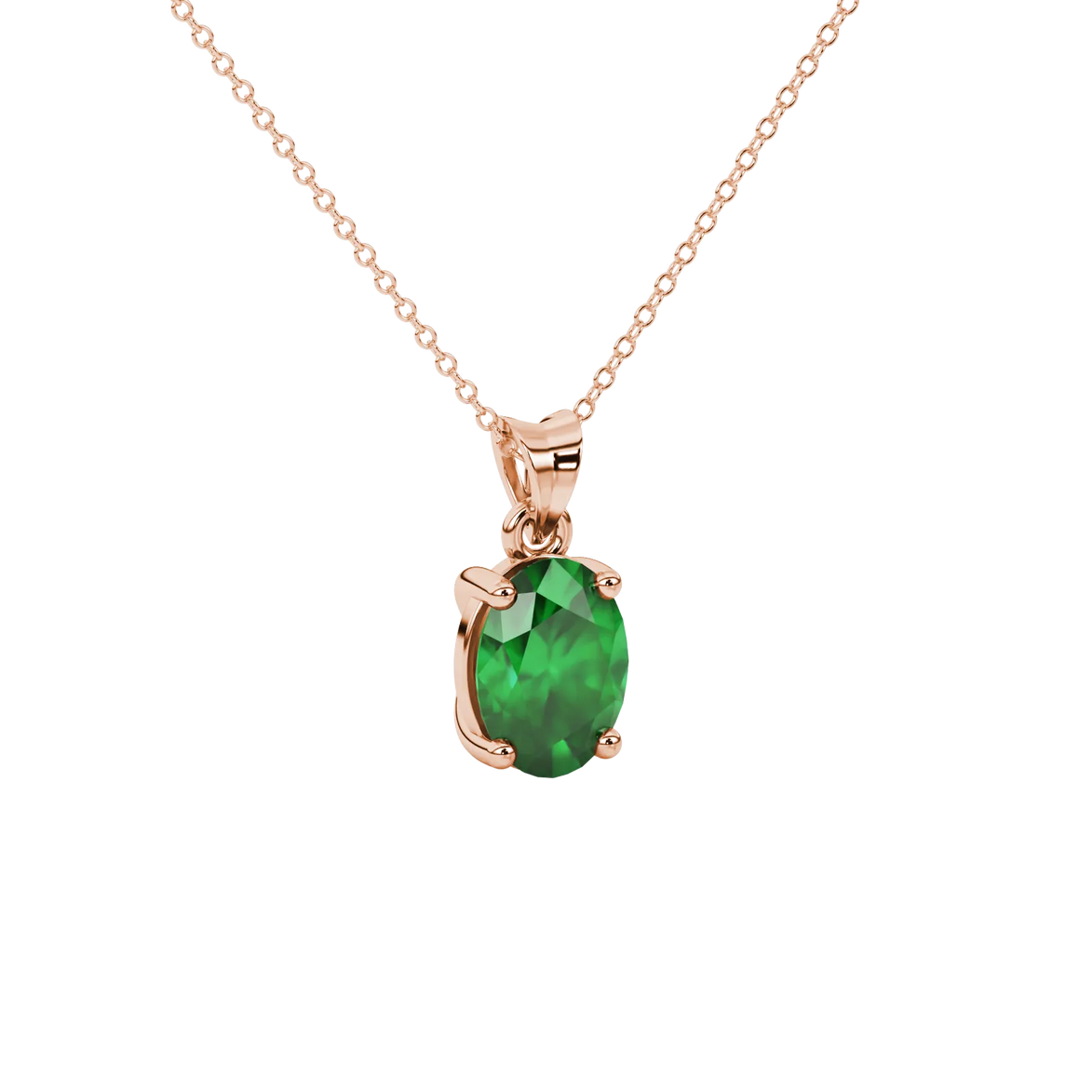 Close-up, oval cut emerald green gemstone pendant, rose gold classic basket.