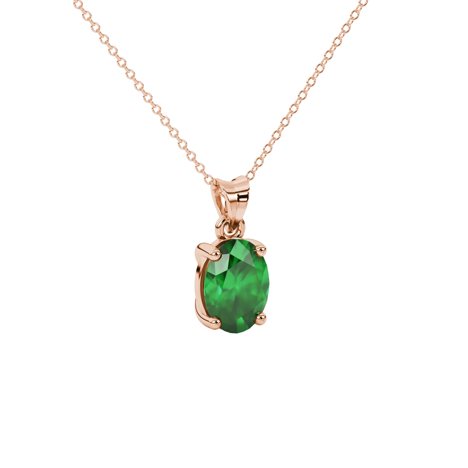Close-up, oval cut emerald green gemstone pendant, rose gold classic basket.