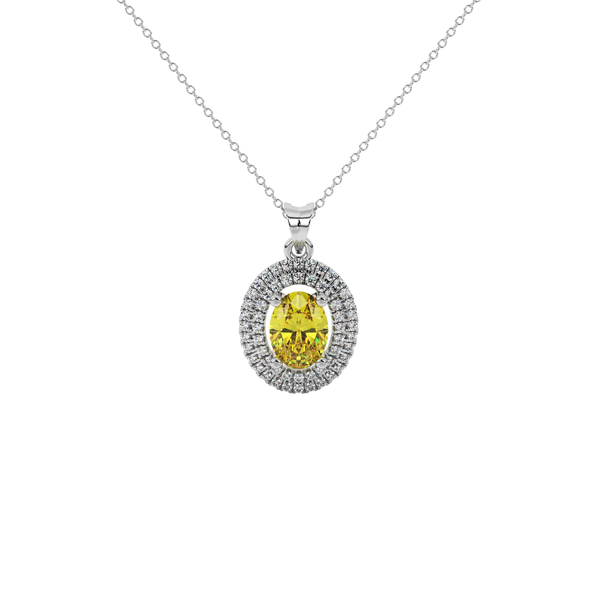 Oval cut canary yellow gemstone pendant, white gold falling edge halo setting